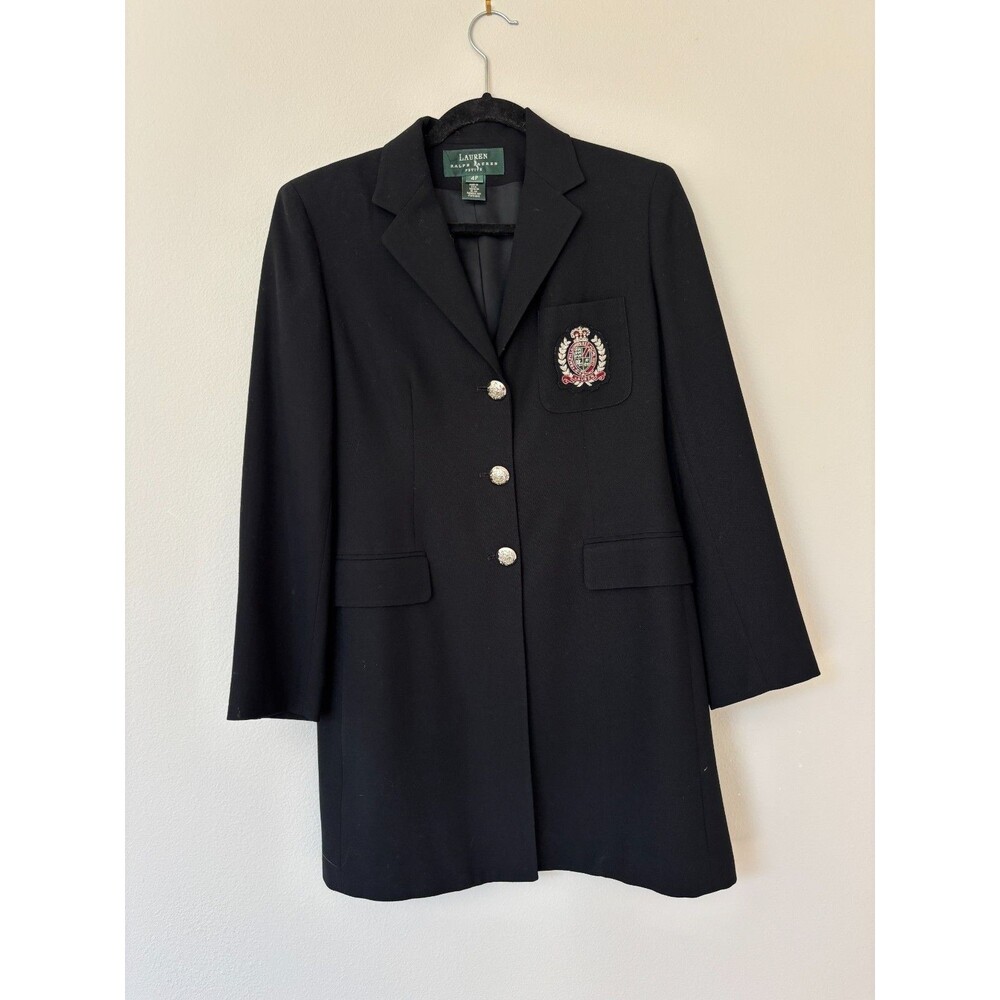 Vintage Lauren Ralph Lauren Petite Wool Crest Blazer Black Riding Preppy 4P